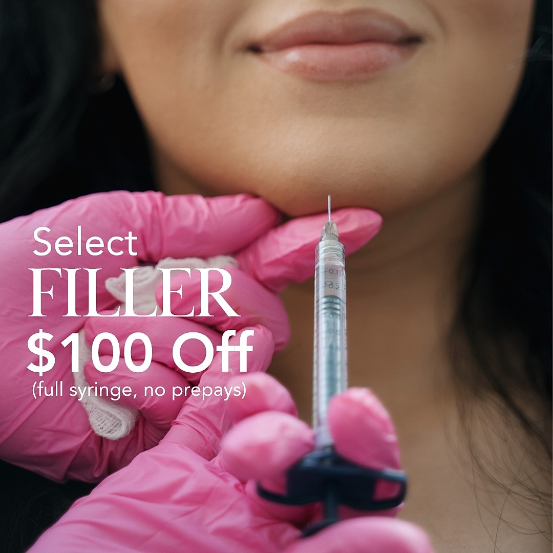 Filler promotion with syringe and discount information.